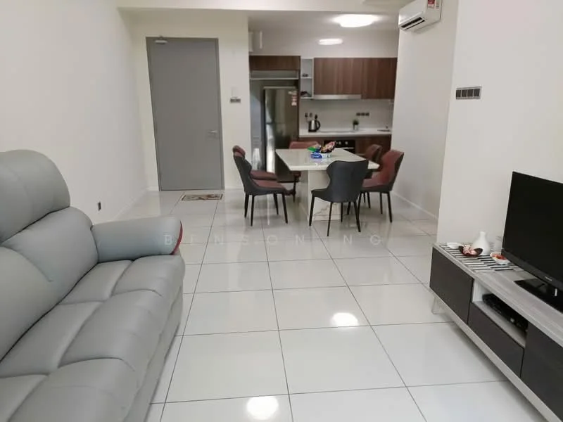 Living features: grey leather 3-seater sofa, white tiled flooring, wall-mounted TV, TV console in dark wood, decorative items on console, air conditioning unit, recessed ceiling lights; style: modern. Dining features: 4-seater dining table, upholstered dining chairs in pink, kitchen area visible in background, stainless-steel fridge, kitchen cabinetry in dark wood, countertop with sink, kitchen appliances visible; style: modern.