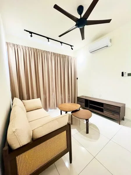 Living features: 3-seater fabric sofa in beige, 2 round wooden coffee tables, wall-mounted TV console, ceiling fan with 3 blades, wall-mounted air conditioning unit, curtains in light brown, white painted walls, glossy tile flooring; style: modern.