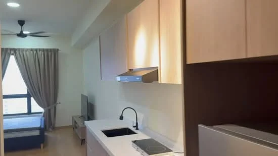Kitchen features: white countertop, stainless-steel sink, chrome pull-down faucet, built-in range hood, 2-burner electric cooktop, light wood cabinetry, refrigerator, ceiling fan, wall-mounted TV, curtains, floor-to-ceiling window; style: modern. Living features: sofa, coffee table, TV console; style: modern.