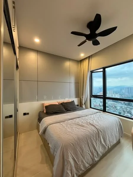Bedroom features: king-size bed with grey bedding, 5-blade ceiling fan with light, floor-to-ceiling windows, grey painted walls, light wood flooring, built-in wardrobe with mirrored doors, curtains, city view from window; style: modern; view: city.