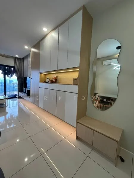 Room features: white cabinetry with flat-panel doors, gold accent wall, recessed lighting under cabinets, white tiled flooring, large mirror, wall-mounted air conditioning unit, open shelving, built-in countertop, seating area with wooden bench, floor-to-ceiling windows with balcony access, curtains, decorative wall paneling; style: modern; view: city.
