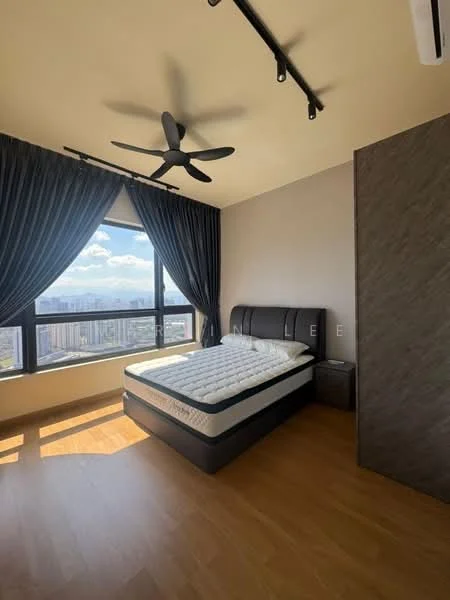 Bedroom features: king-size bed, upholstered headboard, bedside table, floor-to-ceiling windows, blackout curtains, 5-blade ceiling fan with light, wooden flooring, decorative wall paneling, city view; style: modern; view: city.