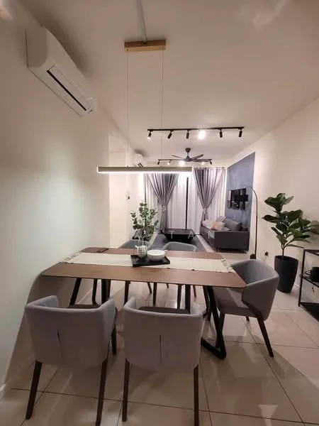 Dining features: 6-seater dining table, grey upholstered dining chairs, pendant light fixture, white walls, tile flooring, wall-mounted split AC, recessed LED downlights, decorative plant in pot, decorative vase on table, grey accent wall, curtains, sofa visible in background; style: modern.