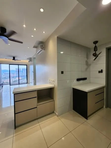 Kitchen features: white countertop, light grey cabinetry, black handles, wall-mounted sconce light, recessed downlights, ceramic tile flooring, open shelving, built-in cabinets, air conditioning unit, floor-to-ceiling windows, city view; style: modern; view: city.
