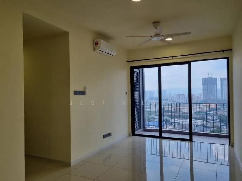 Living features: cream painted walls, glossy ceramic tile flooring, 5-blade ceiling fan with light, floor-to-ceiling sliding glass door, blackout curtains, air conditioning unit, city skyline view, recessed downlights; style: modern; view: city.
