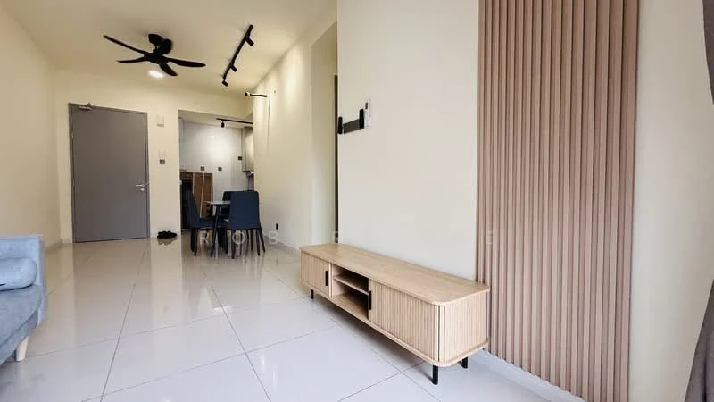 Living features: grey fabric sofa, wooden TV console, white tiled flooring, ceiling fan, wall-mounted decor, neutral painted walls, large window with curtains, dining area visible in background; style: modern.