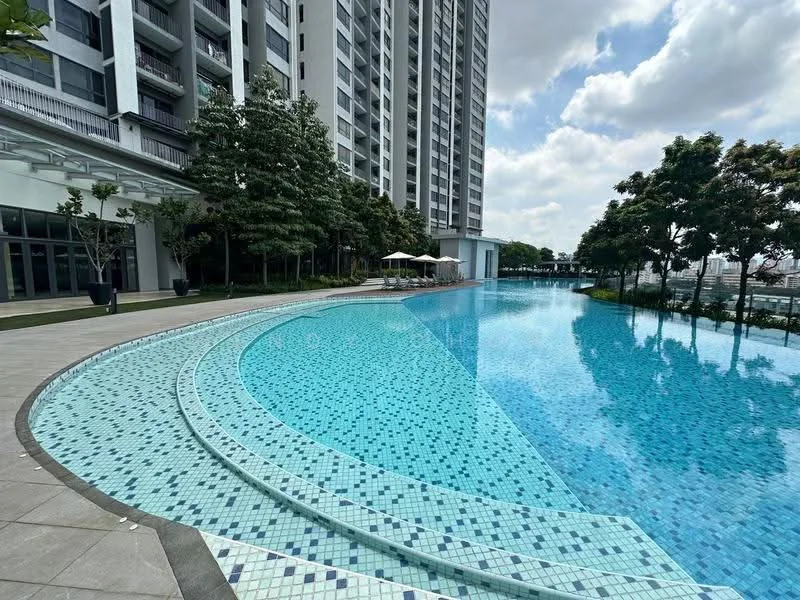 Exterior type: high-rise condominium; features: infinity pool, pool deck with loungers, tiled pool edges, landscaped garden area, manicured lawn, surrounding trees, outdoor seating area with umbrellas, modern architecture, glass facade of building, skyline view in background; style: modern.