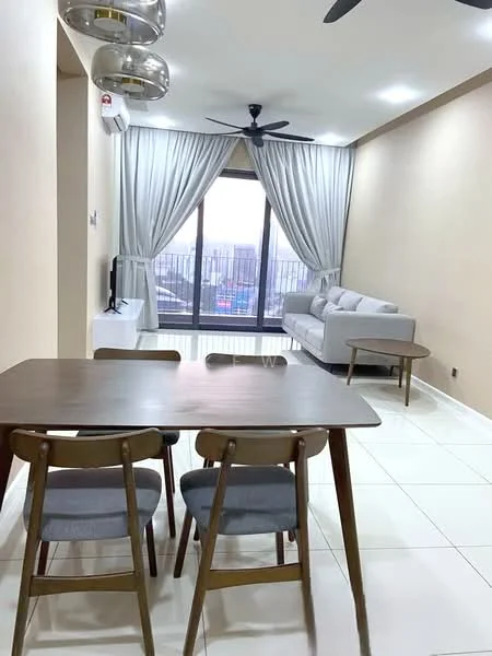 Living features: 3-seater fabric sofa in light grey, coffee table, dining table with 4 wooden chairs, floor-to-ceiling windows, sheer curtains, 5-blade ceiling fan with light, wall-mounted TV, air conditioning unit, white painted walls, glossy tile flooring; style: modern; view: city.