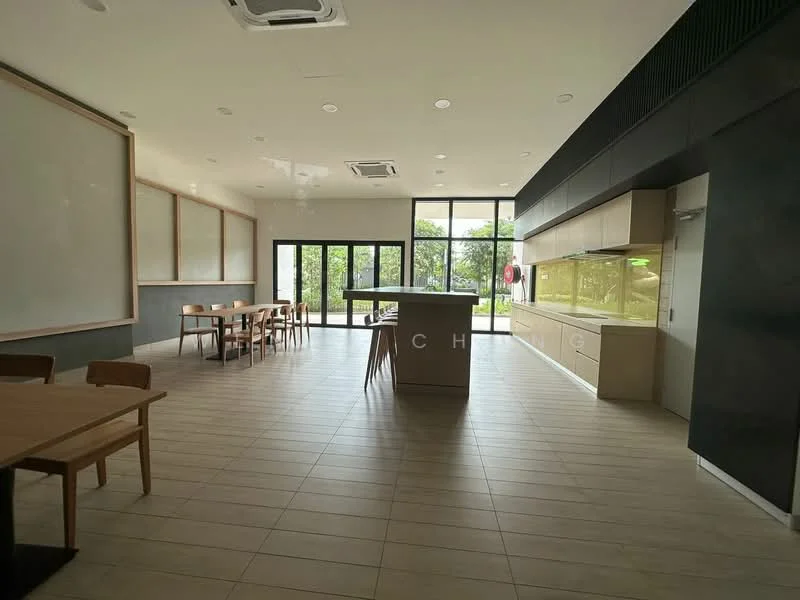 Kitchen features: island kitchen with seating, white cabinetry, green backsplash, stainless-steel appliances, large windows for natural light, tile flooring, recessed lighting, air conditioning unit, open layout, dining table with wooden chairs; style: modern; view: garden.