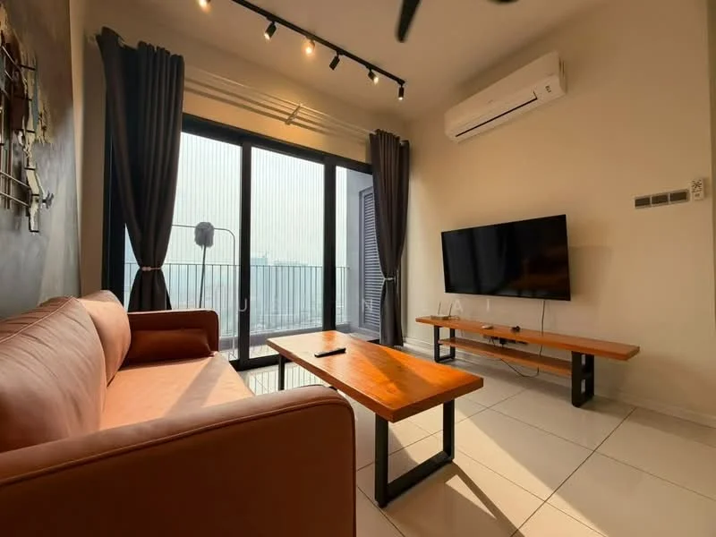 Living features: 3-seater leather sofa in brown, wooden coffee table, wall-mounted TV, floor-to-ceiling windows, blackout curtains, recessed LED downlights, 1 wall-mounted split AC, light-colored tiled flooring, decorative wall art, wooden TV console; style: modern; view: city.