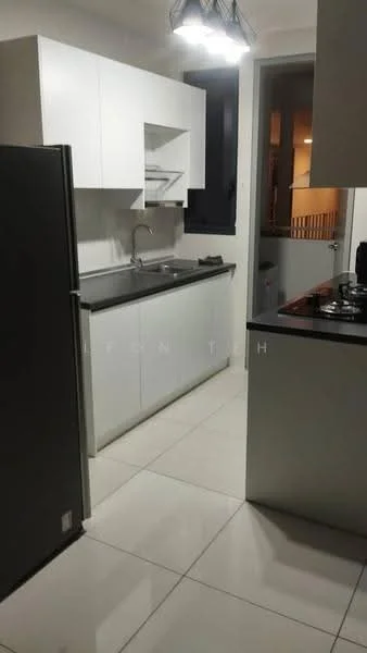 Kitchen features: white flat-panel cabinets, black granite countertop, single-bowl stainless-steel sink, chrome pull-down faucet, built-in oven, 4-burner gas hob, stainless-steel fridge, ceramic tile flooring, recessed downlights, wall-mounted cabinets, open shelving, window with black frame, neutral wall color; style: modern.
