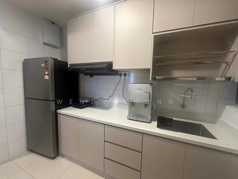 Kitchen features: light grey cabinetry, white countertop, stainless-steel sink, chrome pull-down faucet, built-in oven, stainless-steel range hood, stainless-steel fridge, open shelving, tile backsplash, ceramic tile flooring, wall-mounted cabinets, under-cabinet lighting; style: modern.
