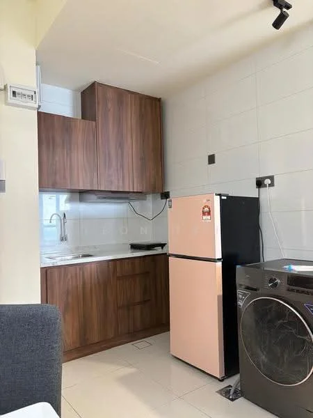 Kitchen features: brown wooden cabinetry, stainless-steel sink, chrome pull-down faucet, white tiled backsplash, black refrigerator, pink refrigerator, front-load washing machine, ceramic tile flooring, recessed downlights, countertop with space for appliances; style: modern.