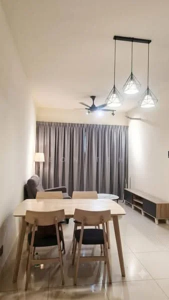 Dining features: rectangular dining table, 2 wooden dining chairs, 3-blade ceiling fan, pendant light with geometric design, grey fabric sofa, floor-to-ceiling curtains, light-colored walls, polished tile flooring, TV console, wall-mounted TV; style: modern.