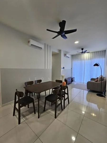 Dining features: 6-seater dining table, wooden dining chairs, white walls, grey accent wall, recessed LED downlights, 2 wall-mounted split AC units, floor-to-ceiling windows with sheer curtains, ceramic tile flooring, decorative floor lamp, sofa in the background, TV console in the background; style: modern.