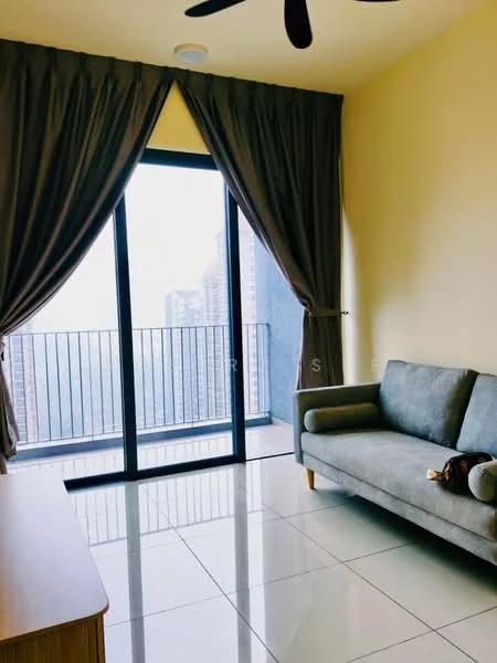 Living features: grey fabric sofa, large floor-to-ceiling sliding glass door, curtains in dark grey, cream painted walls, white tiled flooring, ceiling fan, balcony view, wooden coffee table; style: modern; view: city.