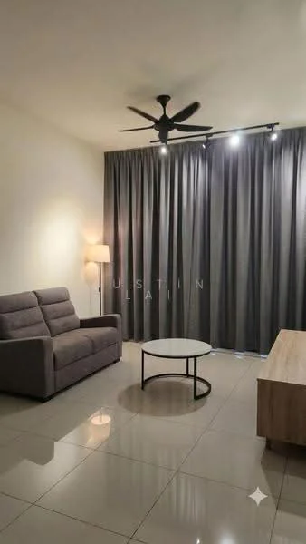 Living features: 3-seater fabric sofa in grey, round coffee table with black metal base, floor-to-ceiling curtains in dark grey, recessed LED downlights, ceiling fan with light, glossy ceramic tile flooring, wall-mounted TV console in light wood, decorative lamp on side; style: modern.