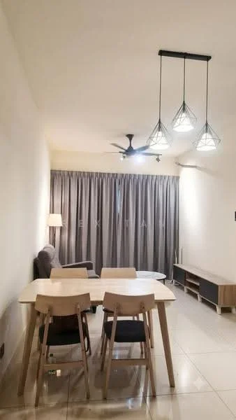 Dining features: rectangular wooden dining table, 2 wooden dining chairs, 3-bulb pendant light fixture, 5-blade ceiling fan, floor-to-ceiling curtains, light grey curtains, cream painted walls, polished tile flooring, wall-mounted TV console, decorative wall shelf; style: modern.