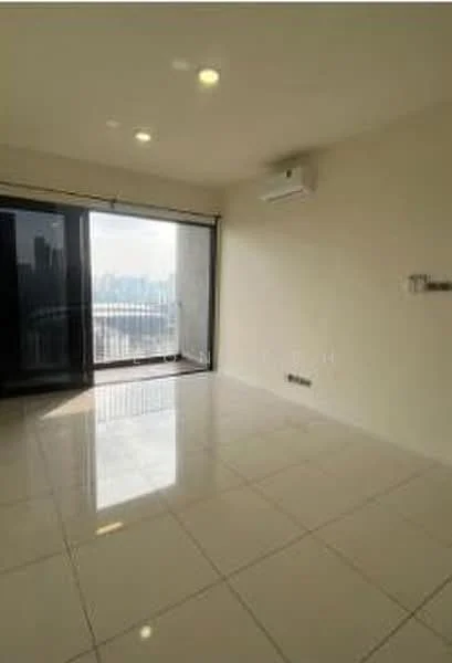 Living features: large floor-to-ceiling sliding glass door, white painted walls, glossy ceramic tile flooring, 1 wall-mounted split AC, recessed downlights, city skyline view, neutral color scheme, open layout; style: modern; view: city.