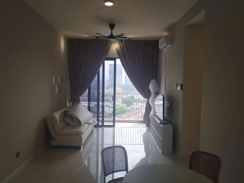 Living features: 3-seater fabric sofa in white, coffee table, TV console, wall-mounted TV, floor-to-ceiling windows, sliding glass door, sheer curtains, recessed downlights, ceiling fan, white painted walls, glossy tile flooring, decorative wall art; style: modern; view: city.