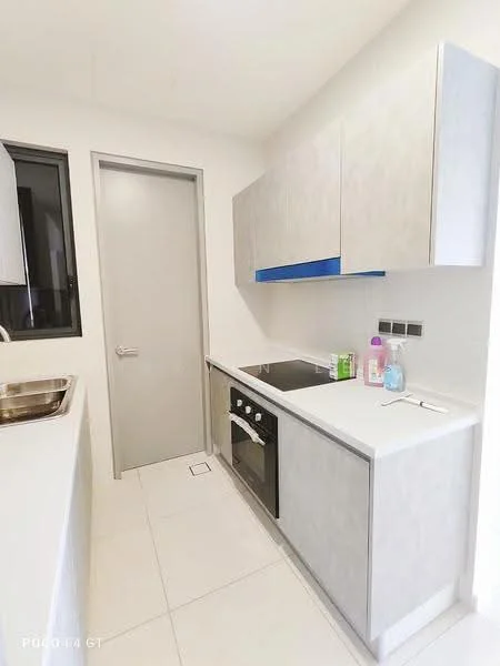 Kitchen features: light grey cabinetry, blue accent strip on cabinets, stainless-steel sink, single-bowl stainless-steel sink, built-in oven, 4-burner induction hob, white countertop, white tiled backsplash, white tiled flooring, wall-mounted cabinets, window with black frame, door to hallway; style: modern.