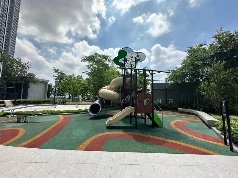Exterior type: landscape garden; features: children's playground, play structure with slides, climbing frame, rubberized safety flooring, landscaped greenery, manicured lawn, decorative trees, walking paths, outdoor seating area; style: modern.