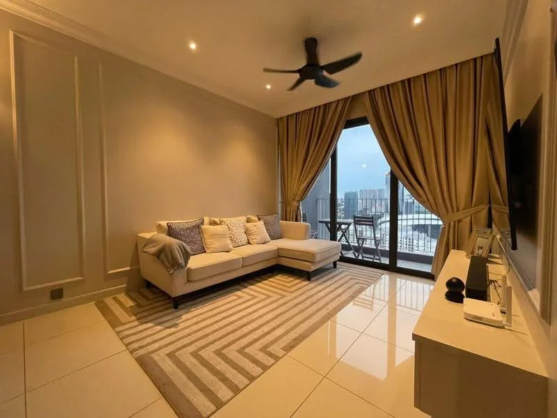 Living features: 3-seater fabric sofa in cream, decorative cushions, area rug with striped pattern, wall-mounted TV, TV console, floor-to-ceiling windows, sliding glass door, sheer curtains, dropped ceiling with recessed lighting, 5-blade ceiling fan, wall paneling, marble tile flooring; style: modern; view: city.