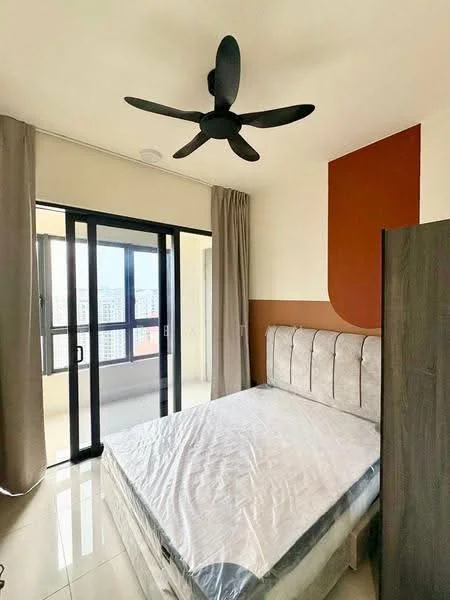 Bedroom features: queen-size bed, upholstered headboard, 5-blade ceiling fan, floor-to-ceiling windows, sliding glass door, curtains, glossy tile flooring, accent wall in terracotta, built-in wardrobe; style: modern; view: city.