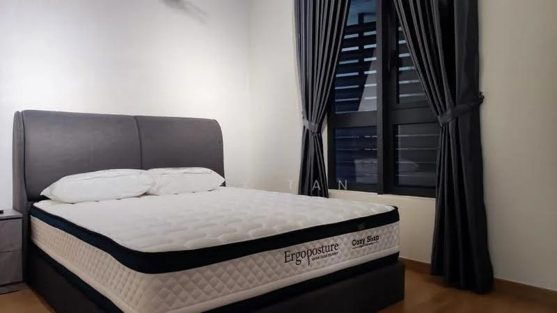 Bedroom features: queen-size bed with upholstered headboard, white bedding, grey bed frame, nightstand with drawer, laminate flooring, white painted walls, floor-to-ceiling windows, blackout curtains, decorative wall paneling, LED ceiling light; style: modern.