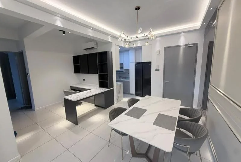 Dining features: marble dining table, 4 upholstered dining chairs in grey, recessed LED downlights, white painted walls, tile flooring, built-in cabinetry with black finish, open kitchen layout, ceiling with decorative lighting; style: modern. Kitchen features: stainless-steel fridge, built-in cabinetry, white countertops, open layout to dining area, tile flooring; style: modern.
