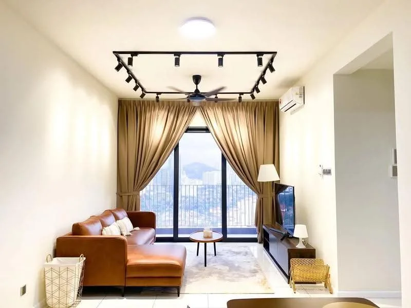 Living features: 3-seater leather sofa in brown, coffee table, wall-mounted TV, TV console, area rug, floor-to-ceiling windows, curtains in beige, ceiling fan with light, recessed LED downlights, white painted walls, tile flooring, decorative wall art; style: modern; view: city.