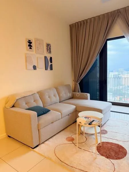 Living features: 3-seater fabric sofa in beige, sectional sofa with chaise, round coffee table, area rug with circular patterns, floor-to-ceiling windows, curtains in light fabric, wall art with abstract designs, neutral painted walls, tile flooring; style: modern; view: city.