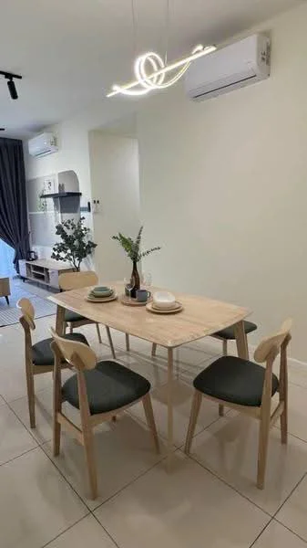 Dining features: wooden dining table, 4 dining chairs with upholstered seats, pendant light fixture, wall-mounted split AC unit, light-colored walls, tile flooring, decorative plant on table, table setting with plates and cutlery; style: modern.