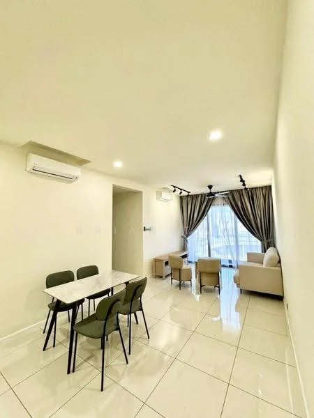 Dining features: white walls, glossy tile flooring, dining table with white top, 4 green upholstered dining chairs, 1 wall-mounted split AC, recessed downlights, floor-to-ceiling windows with sheer curtains, curtains in grey, sofa in beige, side table, decorative wall art; style: modern; view: city.