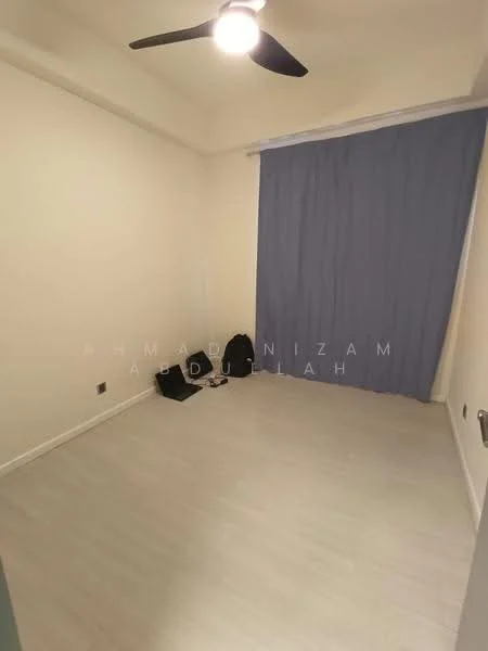 Room features: white painted walls, light-colored flooring, ceiling fan, blue curtain, empty space, one wall with no visible furniture, no visible storage, no visible decor; style: minimalist.