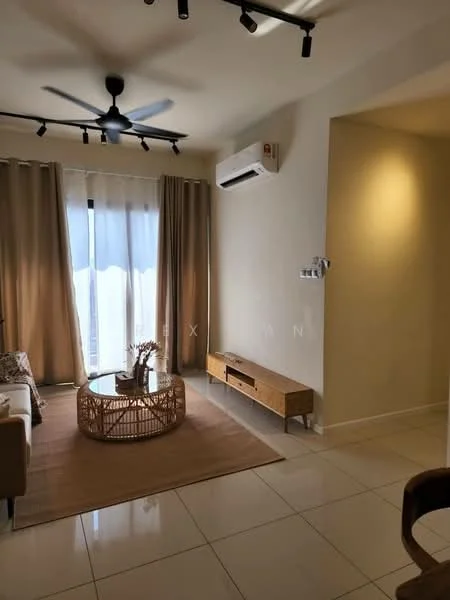 Living features: 5-blade ceiling fan with light, floor-to-ceiling windows, sheer curtains, cream painted walls, light-colored tiled flooring, wooden coffee table, sofa in beige, TV console, decorative wall art, area rug, wall-mounted split AC; style: modern; view: city.