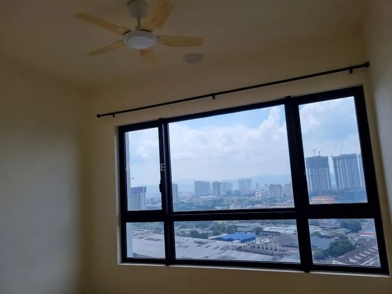 Room features: large floor-to-ceiling window, black window frames, ceiling fan with light, plain yellow painted walls, city skyline view; view: city.