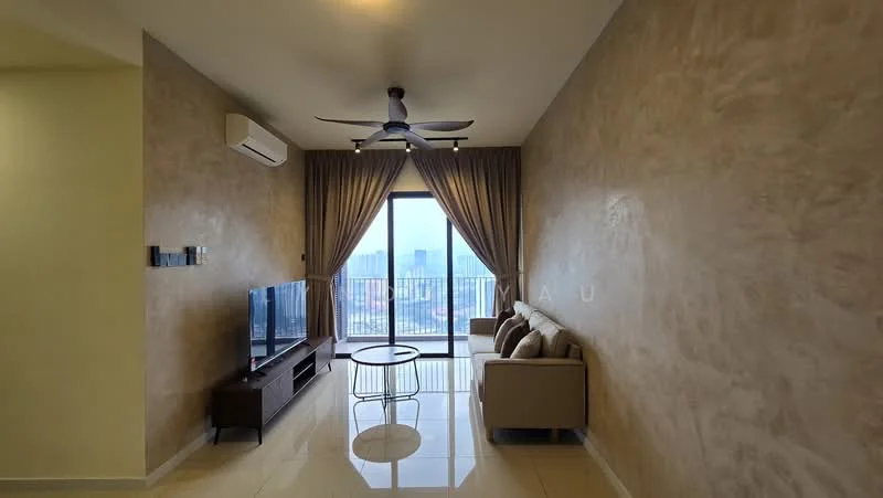 Living features: cream painted walls, glossy tile flooring, 5-blade ceiling fan with light, floor-to-ceiling windows, sheer curtains, sofa in beige, coffee table, TV console, wall-mounted TV; style: modern; view: city.