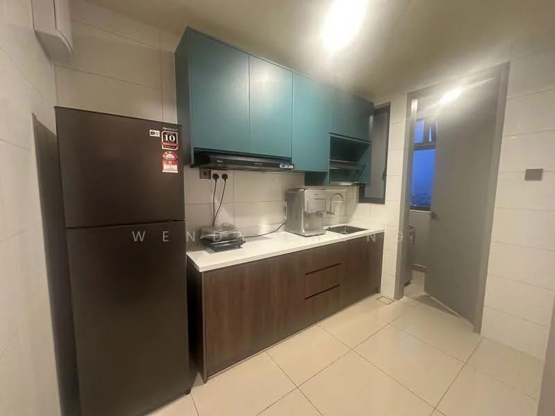 Kitchen features: dark wood cabinetry, blue upper cabinets, white quartz countertop, stainless-steel fridge, built-in sink, single-bowl stainless-steel sink, chrome faucet, ceramic tile flooring, recessed downlights, wall-mounted kitchen hood, open shelving, window with city view; style: modern; view: city.