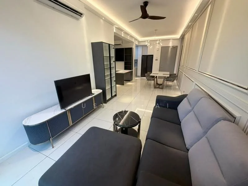 Living features: grey fabric sofa, black coffee table, wall-mounted TV, white TV console, recessed LED downlights, ceiling fan, white walls, glossy tile flooring, decorative wall paneling, open layout to dining area; style: modern. Dining features: 4-seater dining table, white dining chairs, open layout to living area, glossy tile flooring; style: modern.