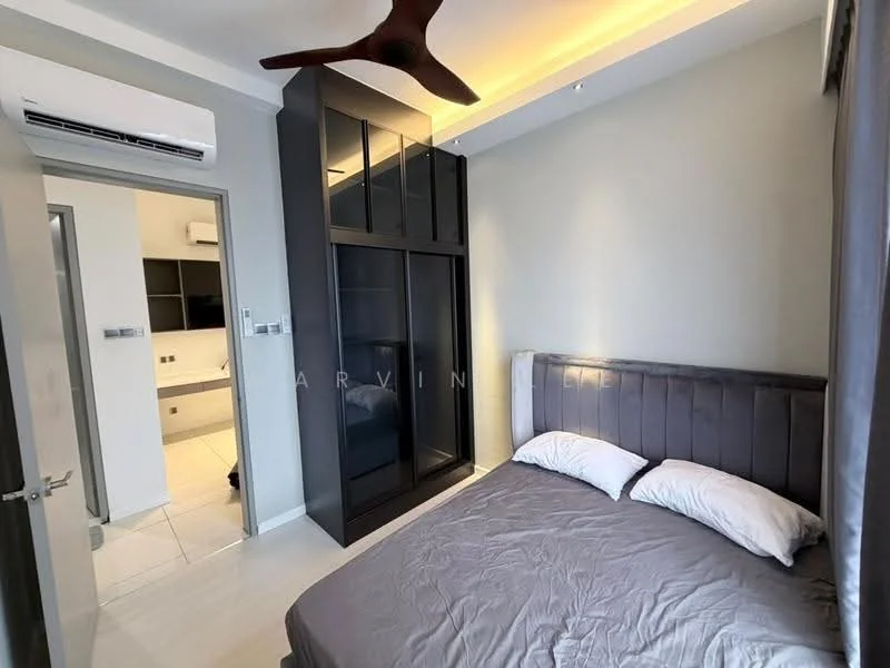 Bedroom features: king-size bed with grey upholstered headboard, bedding in grey, built-in wardrobe with glass doors, recessed ceiling lights, 5-blade ceiling fan, white walls, white tile flooring, air conditioning unit on wall; style: modern.