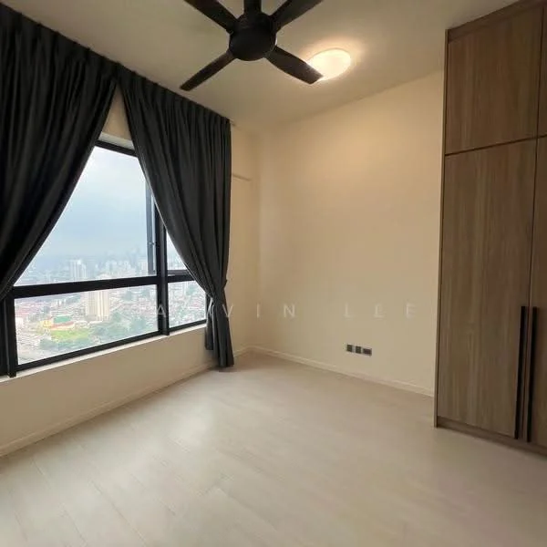Bedroom features: floor-to-ceiling windows, blackout curtains, light wood flooring, 5-blade ceiling fan, built-in wardrobe, neutral painted walls, city view; style: modern; view: city.