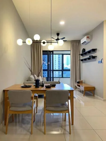 Dining features: 6-seater dining table, wooden dining table, upholstered dining chairs, pendant light with multiple globes, ceiling fan with light, floor-to-ceiling windows, curtains, wall-mounted shelves, decorative vase, decorative branches, air conditioning unit, white tiled flooring, neutral painted walls; style: modern; view: city.