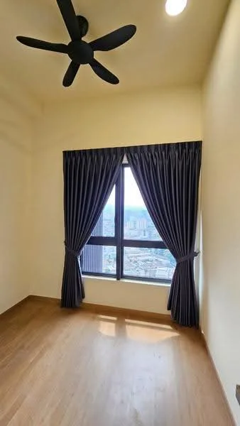 Room features: wooden flooring, yellow painted walls, floor-to-ceiling window, blackout curtains, 5-blade ceiling fan with light, city view; style: modern; view: city.