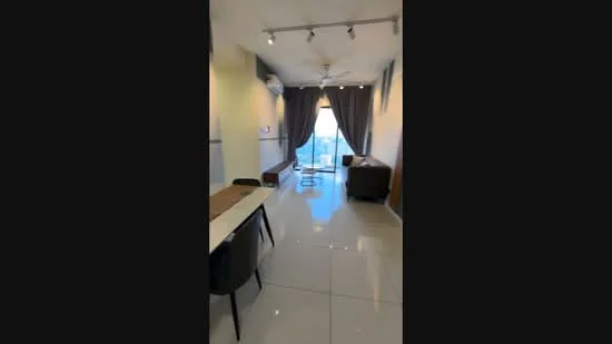 Living features: white painted walls, glossy tile flooring, 5-blade ceiling fan with light, floor-to-ceiling windows, sliding glass door, dark curtains, sofa, dining table with chairs, decorative wall art; style: modern; view: city.