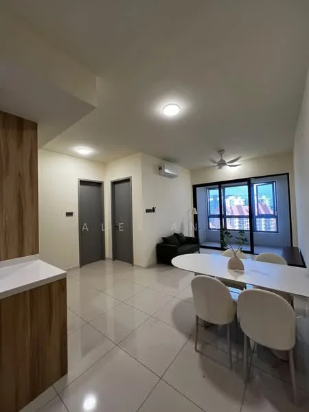 Living features: white painted walls, glossy tile flooring, 5-blade ceiling fan with light, floor-to-ceiling windows, blackout curtains, dining table with white chairs, sofa, air conditioning unit; style: modern; view: city. Kitchen features: wood cabinetry, white countertop, sink, stainless-steel appliances; style: modern. Room features: two doors, unknown room layout.