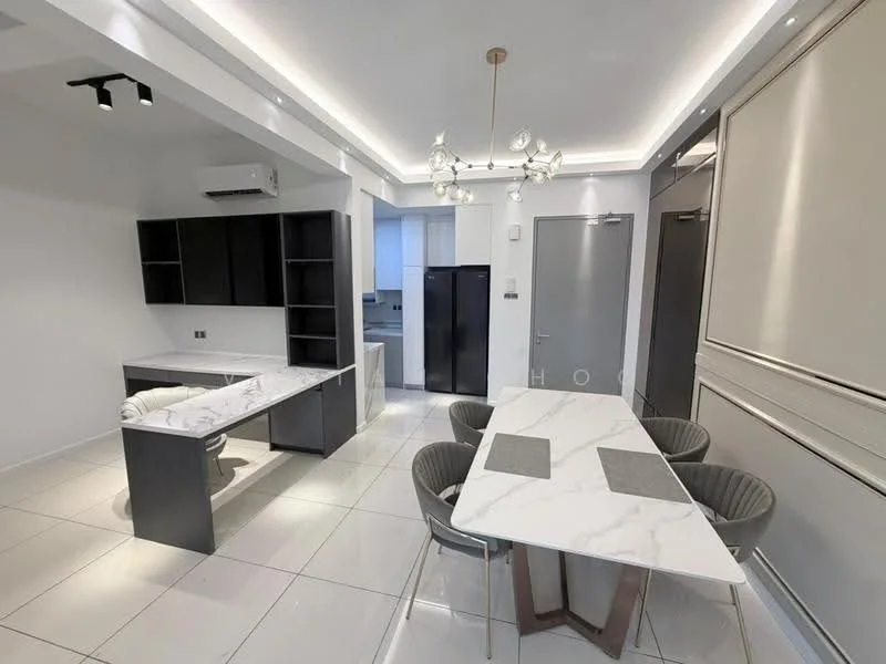 Kitchen features: white painted walls, glossy tile flooring, recessed downlights, ceiling light fixture with multiple bulbs, black cabinetry, white marble dining table, grey upholstered dining chairs, open shelving, built-in appliances, 1 wall-mounted split AC; style: modern.