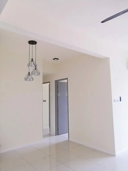 Room features: white painted walls, glossy tile flooring, ceiling fan, hanging pendant light with geometric design, doorway leading to another room, light switch on wall, neutral color scheme; style: modern.