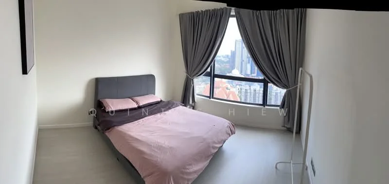 Bedroom features: queen-size bed with grey upholstered headboard, pink bedding, floor-to-ceiling windows, curtains in grey, light wood flooring, minimalist decor, wall-mounted mirror, city view; style: modern; view: city.
