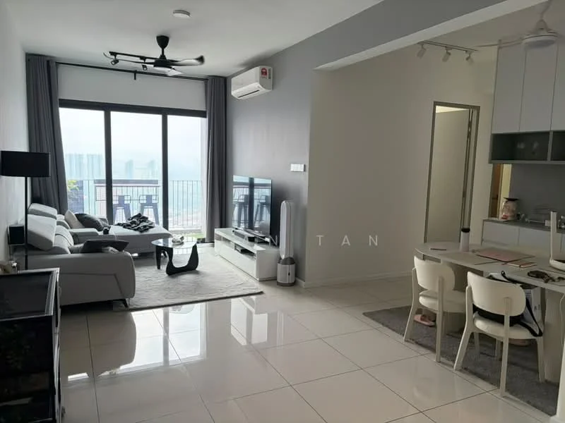 Living features: 3-seater fabric sofa in light grey, 2-seater fabric sofa in dark grey, coffee table, wall-mounted TV, TV console, area rug, floor-to-ceiling windows, city view, 5-blade ceiling fan with light, white painted walls, ceramic tile flooring, air conditioning unit; style: modern; view: city. Dining features: 4-seater dining table, white dining chairs, open shelving, kitchen island, pendant lighting; style: modern.